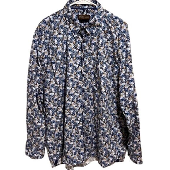 Patrick James Floral Button Up Dress Shirt In Blue & Brown W/ Long Sleeves XXL - Picture 1 of 11